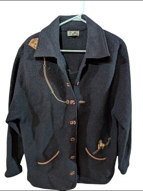 Vintage Navy Wool Blend Button-Up Jacket with Embroidered Dogs Detail